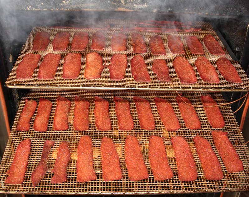 Corned beef jerky in the smoker for dehydration