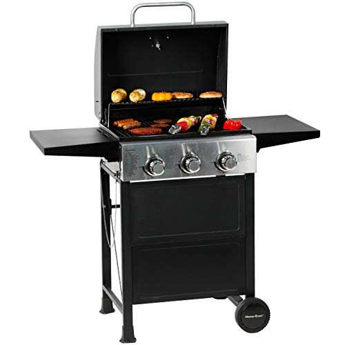 MASTER COOK 3 Burner BBQ Propane Gas Grill, Stainless Steel 30,000 BTU Patio Garden Barbecue Grill with Two Foldable Shelves MASTER COOK 3 Burner BBQ Propane Gas Grill, Stainless Steel 30,000 BTU Patio Garden Barbecue Grill with Two Foldable Shelves